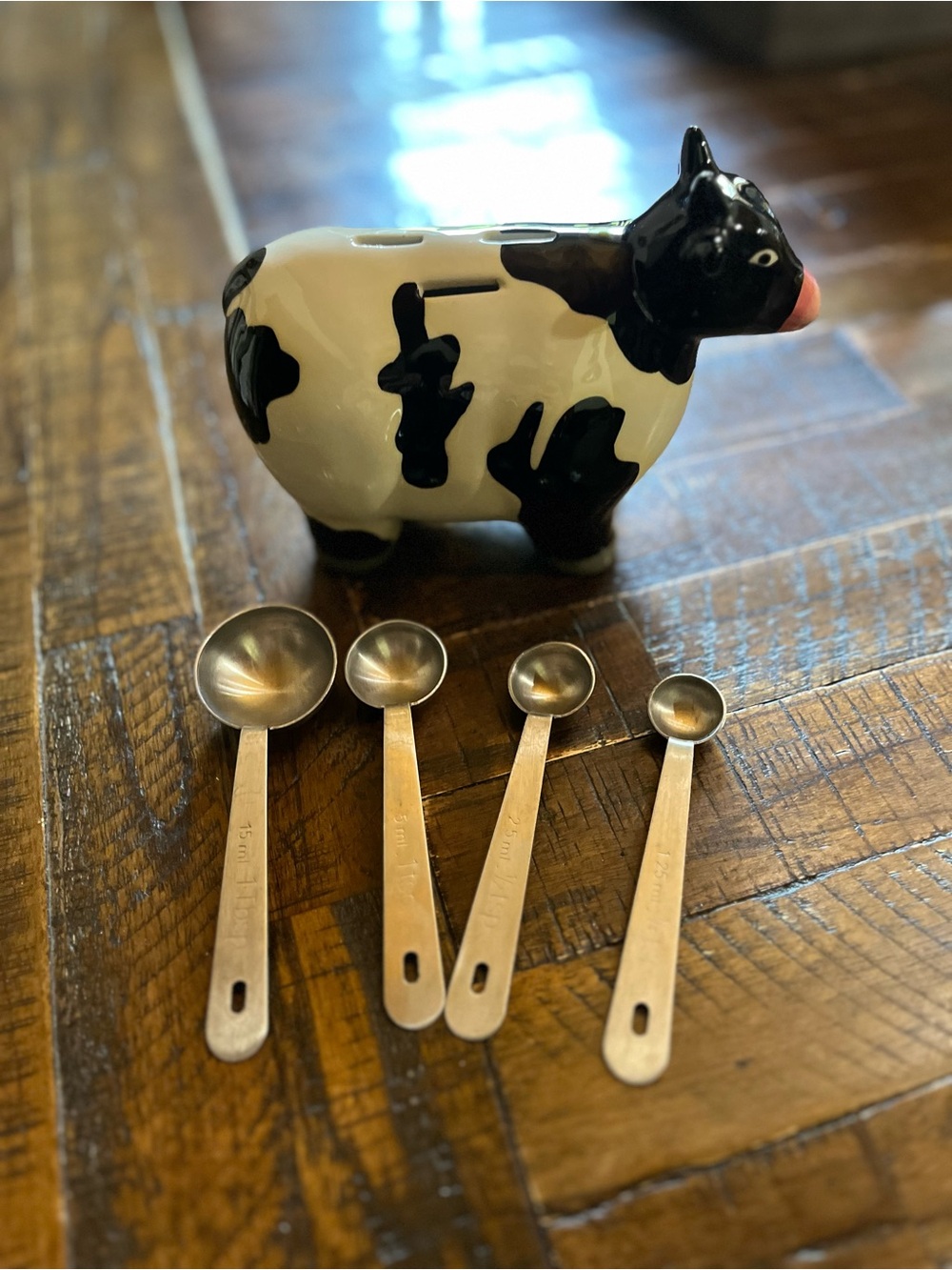 Vintage Ceramic Cow Salt Pig with Stainless Steel Measuring Spoons Black & White
